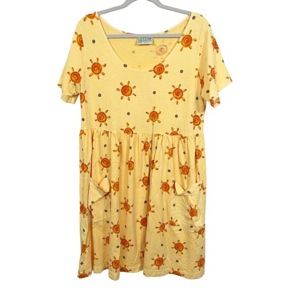 Vintage Fresh Produce Yellow & Orange Sun Print Short Sleeve Dress Pockets LARGE - Picture 1 of 6